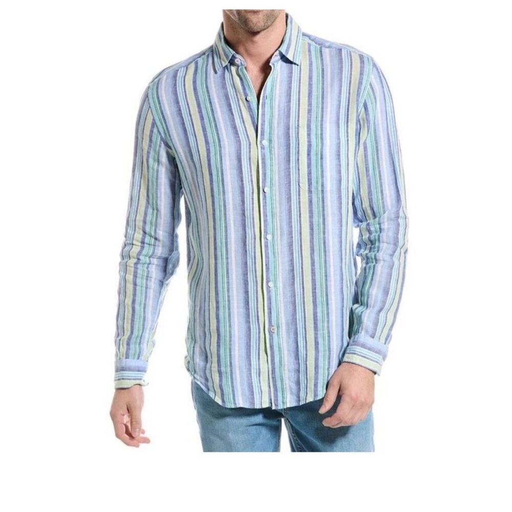J. McLaughlin Stripe Linen Button Down Shirt Blue Size Medium